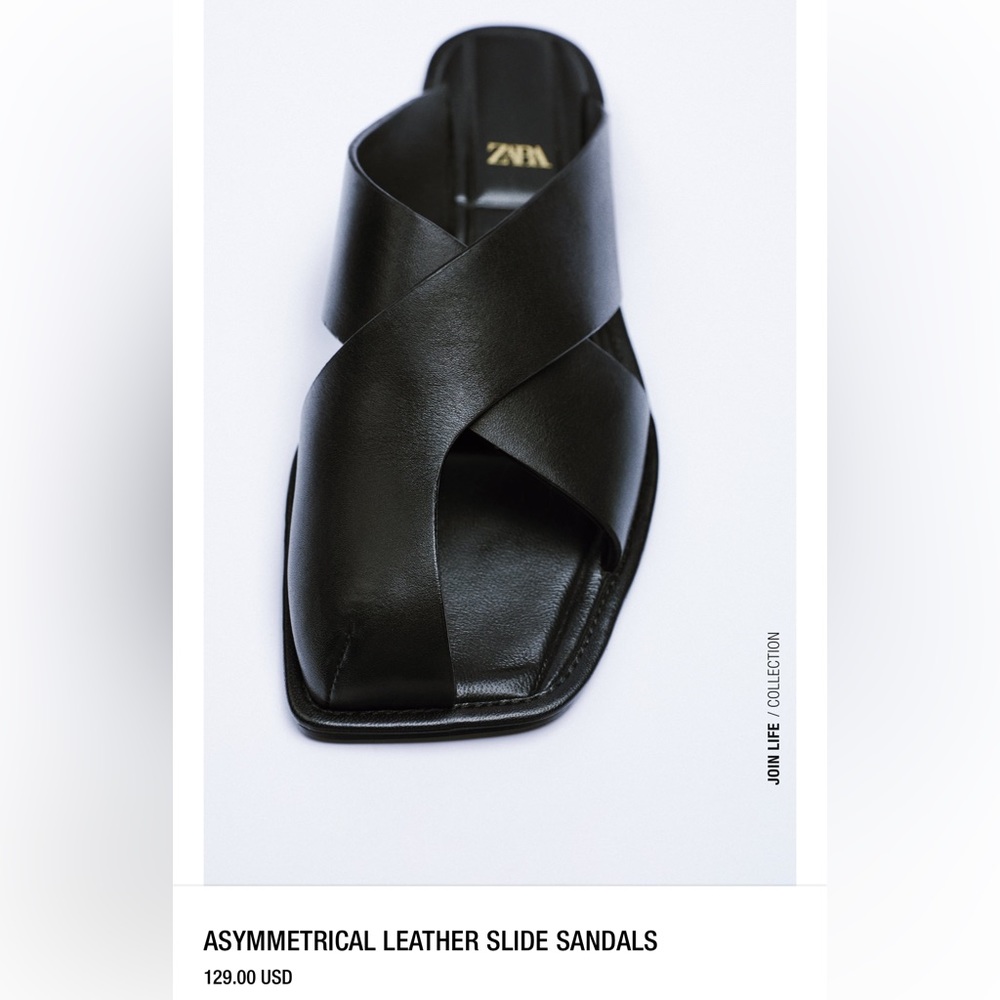 Zara Asymmetric Black Leather Shoes Slides 7.5-8